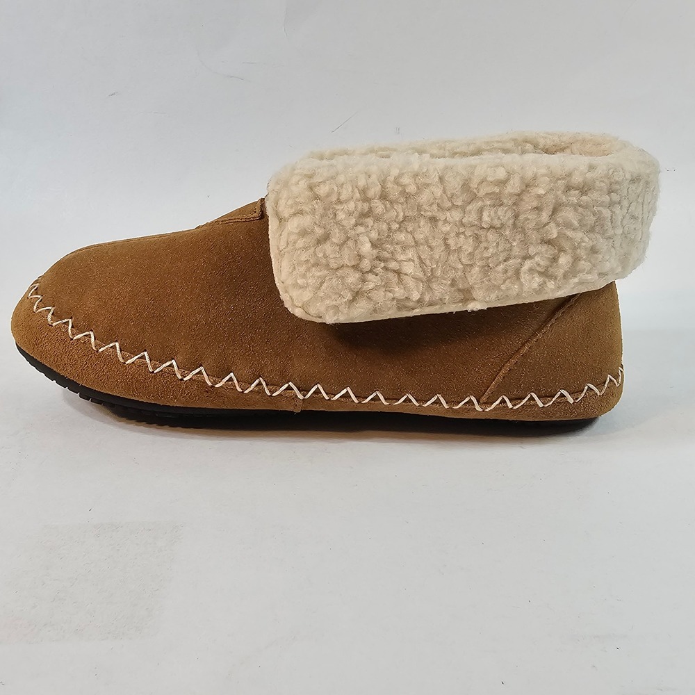 Isotoner Womens Tan Suede Moccasin Boot Slippers Fleece Lined Fold Cuff - Picture 6 of 9